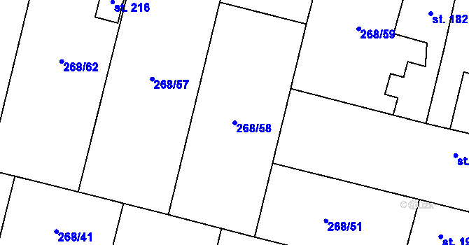 Parcela st. 268/58 v KÚ Hlušice, Katastrální mapa