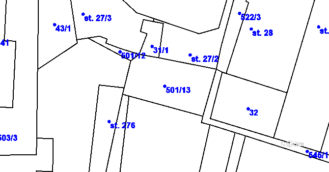 Parcela st. 501/13 v KÚ Hlušice, Katastrální mapa