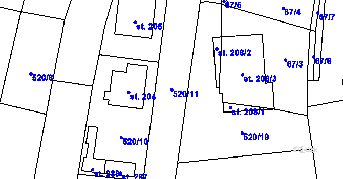 Parcela st. 520/11 v KÚ Hlušice, Katastrální mapa