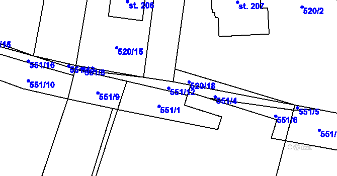 Parcela st. 551/12 v KÚ Hlušice, Katastrální mapa