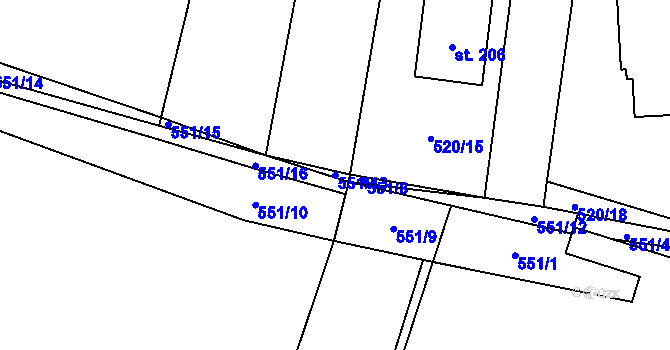 Parcela st. 551/13 v KÚ Hlušice, Katastrální mapa