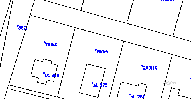 Parcela st. 250/9 v KÚ Hlušice, Katastrální mapa