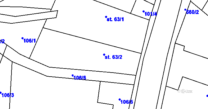 Parcela st. 63/2 v KÚ Hlušičky, Katastrální mapa