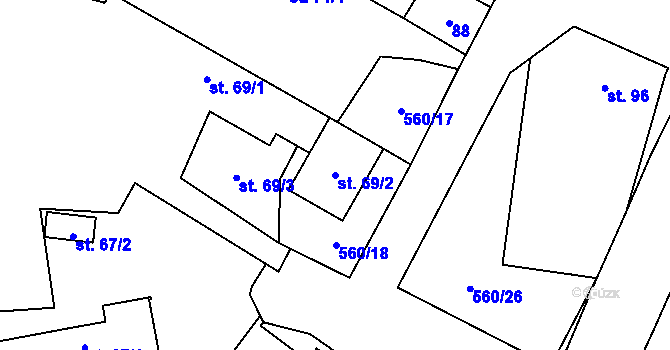 Parcela st. 69/2 v KÚ Hlušičky, Katastrální mapa