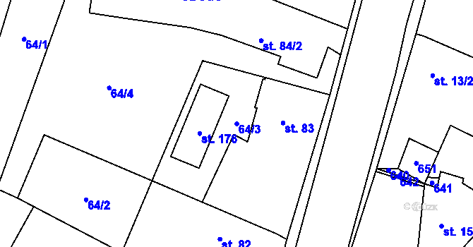 Parcela st. 64/3 v KÚ Hlušičky, Katastrální mapa