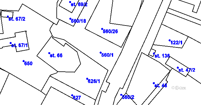 Parcela st. 560/1 v KÚ Hlušičky, Katastrální mapa