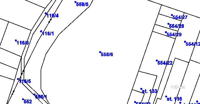Parcela st. 558/6 v KÚ Hlušičky, Katastrální mapa