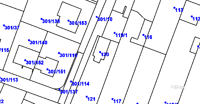 Parcela st. 120 v KÚ Hlušovice, Katastrální mapa