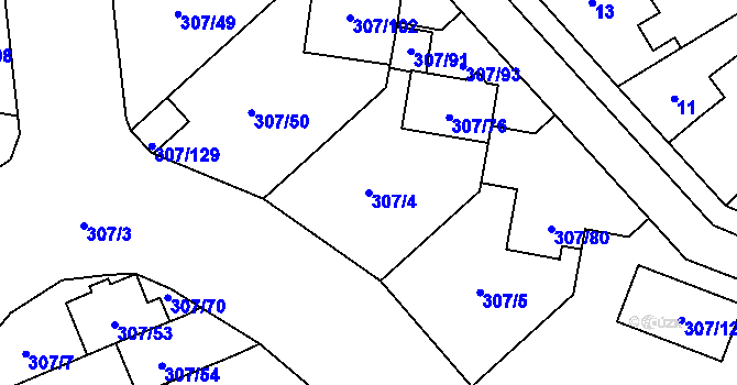 Parcela st. 307/4 v KÚ Hlušovice, Katastrální mapa