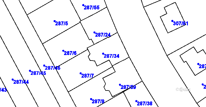 Parcela st. 287/34 v KÚ Hlušovice, Katastrální mapa