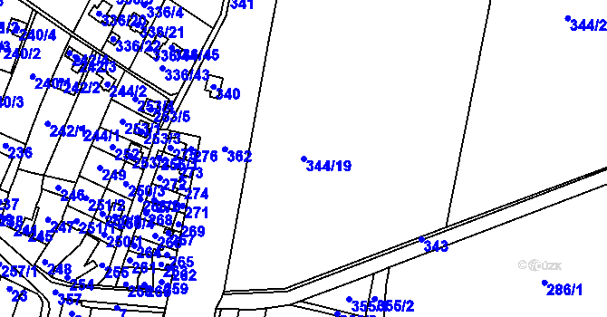 Parcela st. 344/19 v KÚ Hlušovice, Katastrální mapa