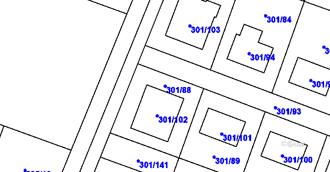 Parcela st. 301/88 v KÚ Hlušovice, Katastrální mapa