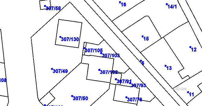 Parcela st. 307/103 v KÚ Hlušovice, Katastrální mapa