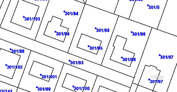 Parcela st. 301/95 v KÚ Hlušovice, Katastrální mapa