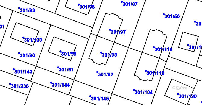 Parcela st. 301/98 v KÚ Hlušovice, Katastrální mapa