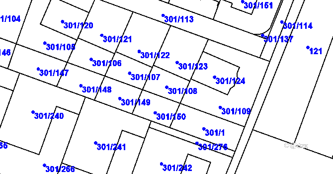 Parcela st. 301/108 v KÚ Hlušovice, Katastrální mapa