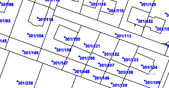 Parcela st. 301/121 v KÚ Hlušovice, Katastrální mapa
