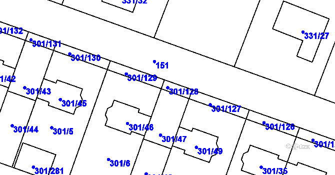 Parcela st. 301/128 v KÚ Hlušovice, Katastrální mapa
