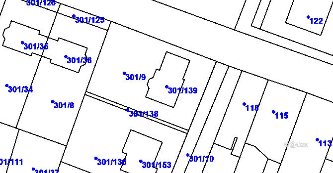 Parcela st. 301/139 v KÚ Hlušovice, Katastrální mapa