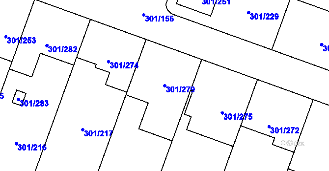 Parcela st. 301/279 v KÚ Hlušovice, Katastrální mapa