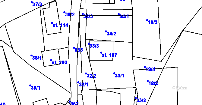 Parcela st. 187 v KÚ Hnanice pod Troskami, Katastrální mapa