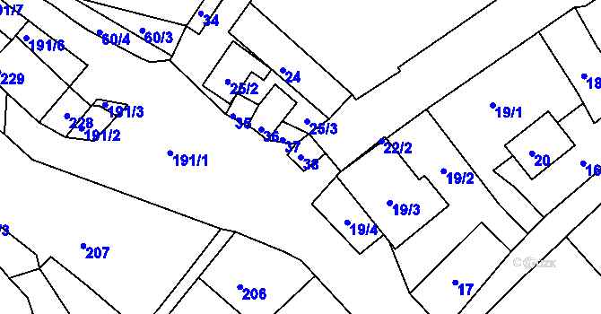 Parcela st. 38 v KÚ Hnanice, Katastrální mapa