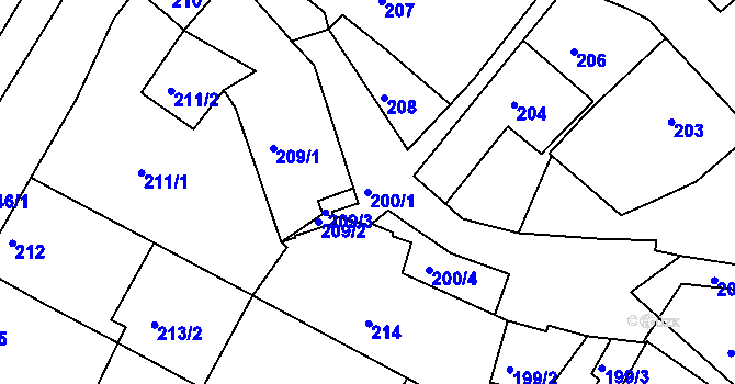Parcela st. 200/1 v KÚ Hnanice, Katastrální mapa