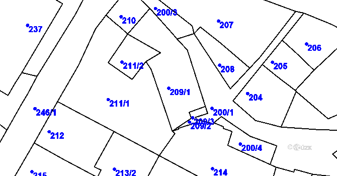 Parcela st. 209/1 v KÚ Hnanice, Katastrální mapa