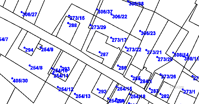 Parcela st. 287 v KÚ Hnanice, Katastrální mapa