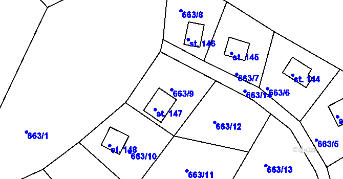 Parcela st. 663/9 v KÚ Hněvkov, Katastrální mapa