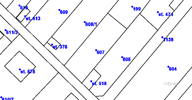 Parcela st. 607 v KÚ Hněvotín, Katastrální mapa