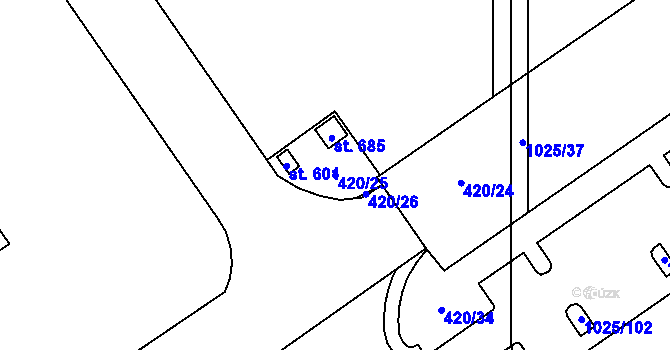 Parcela st. 420/25 v KÚ Hněvotín, Katastrální mapa