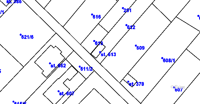 Parcela st. 613 v KÚ Hněvotín, Katastrální mapa