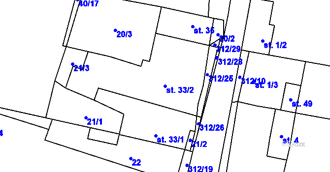 Parcela st. 33/2 v KÚ Židovice u Hnojnic, Katastrální mapa