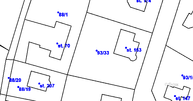 Parcela st. 93/33 v KÚ Hoděšovice, Katastrální mapa