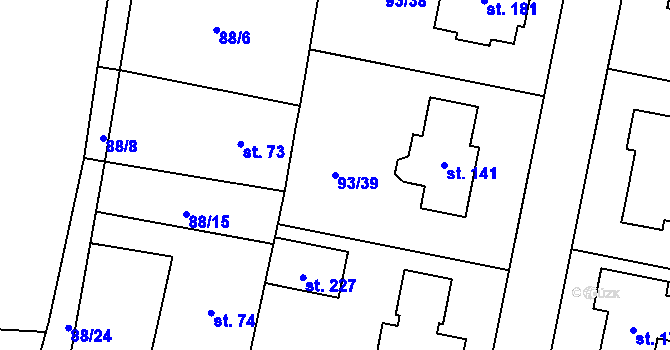 Parcela st. 93/39 v KÚ Hoděšovice, Katastrální mapa