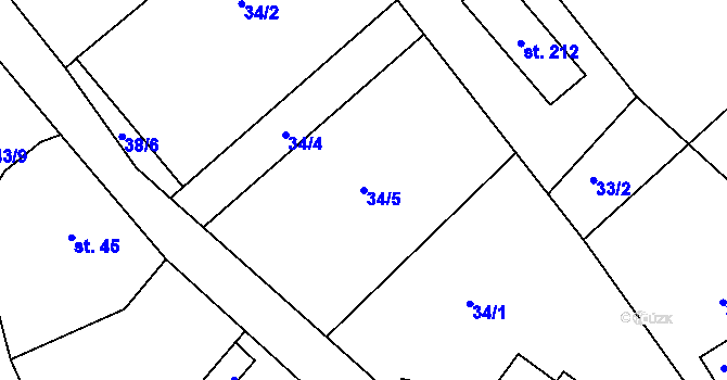 Parcela st. 34/5 v KÚ Hoděšovice, Katastrální mapa