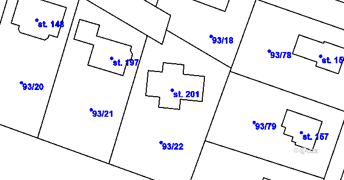 Parcela st. 201 v KÚ Hoděšovice, Katastrální mapa