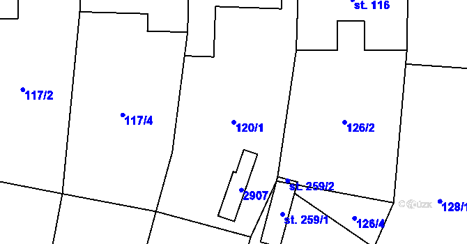 Parcela st. 120/1 v KÚ Hodice, Katastrální mapa