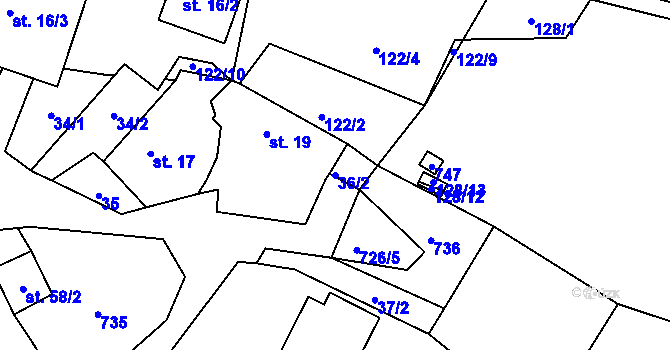 Parcela st. 36/2 v KÚ Hodíškov, Katastrální mapa