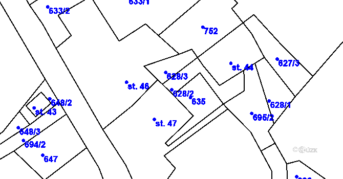 Parcela st. 628/2 v KÚ Hodíškov, Katastrální mapa