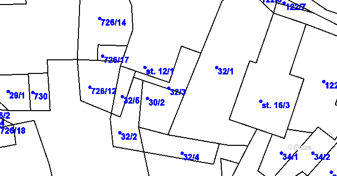 Parcela st. 32/3 v KÚ Hodíškov, Katastrální mapa