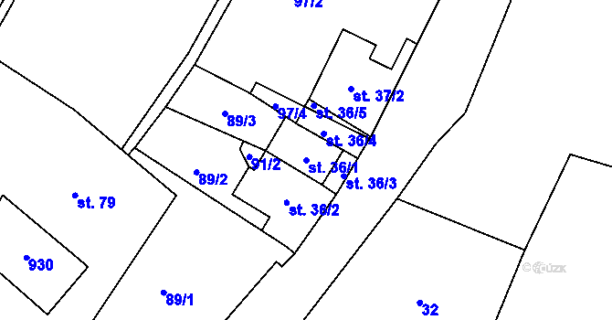 Parcela st. 36/1 v KÚ Hodkov, Katastrální mapa