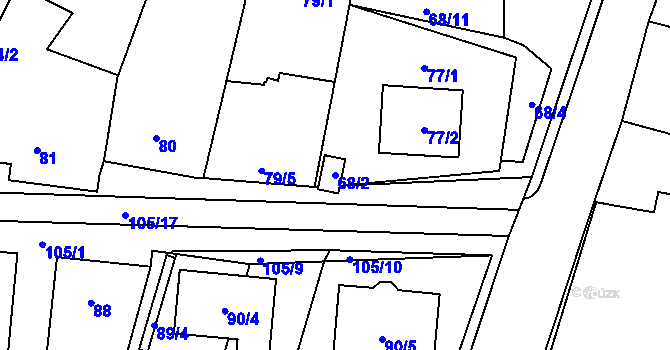 Parcela st. 68/2 v KÚ Hodonice, Katastrální mapa
