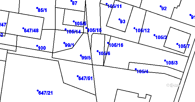 Parcela st. 105/6 v KÚ Hodonice, Katastrální mapa