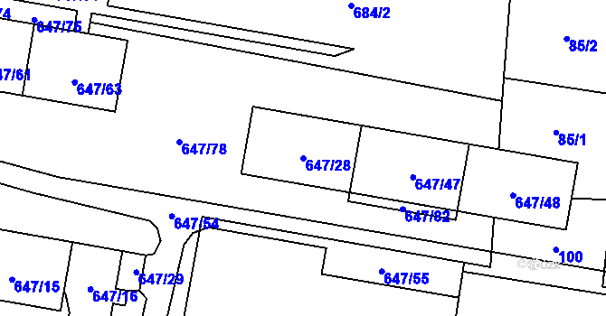 Parcela st. 647/28 v KÚ Hodonice, Katastrální mapa