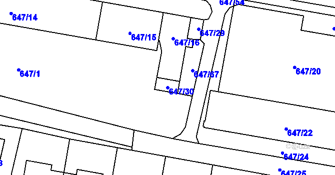 Parcela st. 647/30 v KÚ Hodonice, Katastrální mapa