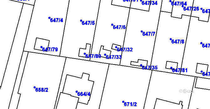 Parcela st. 647/33 v KÚ Hodonice, Katastrální mapa