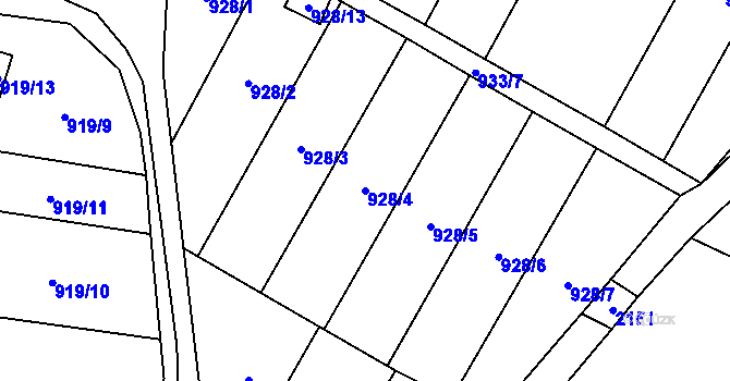 Parcela st. 928/4 v KÚ Hodonice, Katastrální mapa