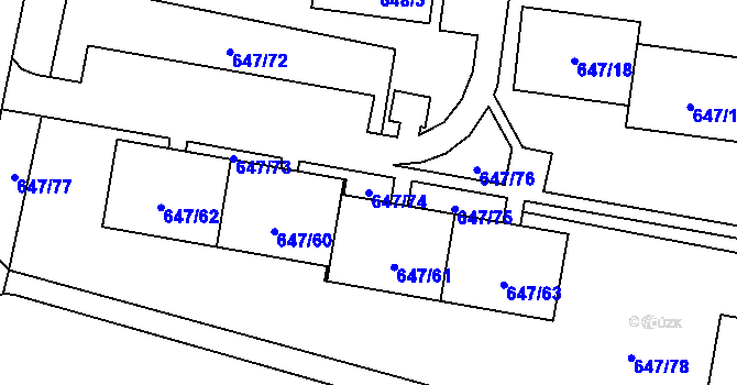 Parcela st. 647/74 v KÚ Hodonice, Katastrální mapa